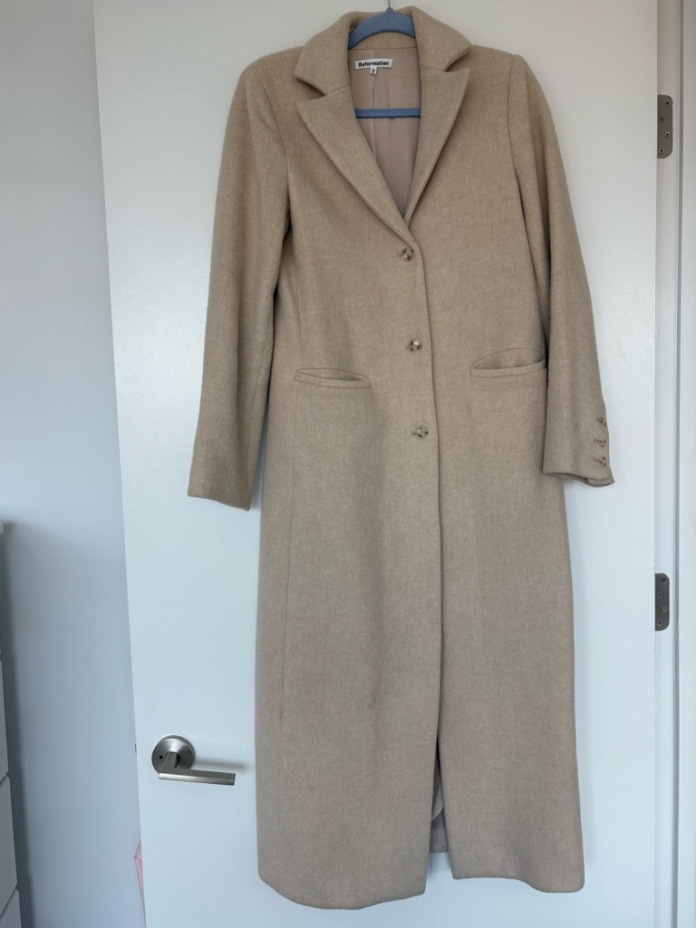 Reformation Long Single-Breasted Coat in Beige